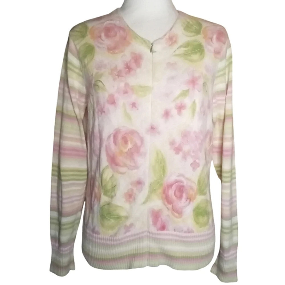 Talbots Floral Rose Zip Front 100% Cotton Knit Sweater Embroidered Detail Medium